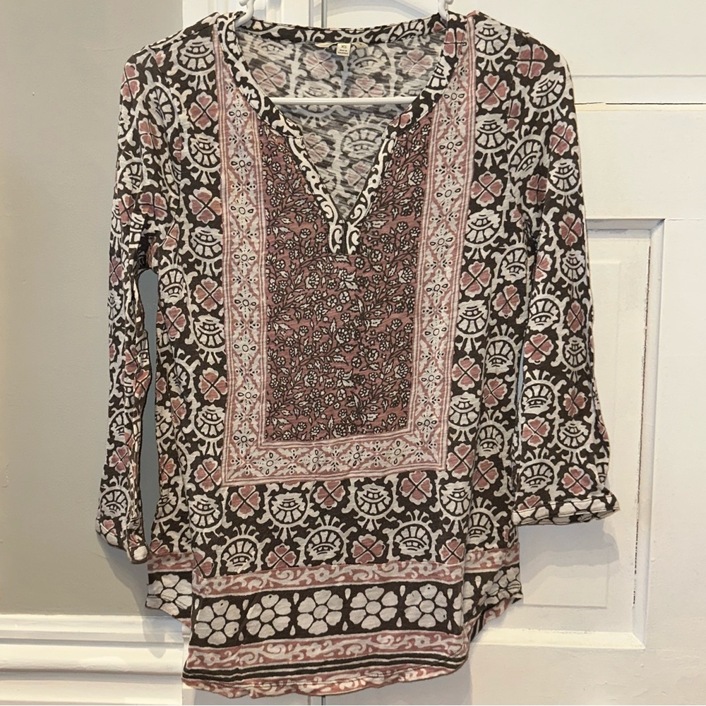 Lucky Brand Floral Medallion Long-Sleeve Tunic - Pink, Black & Cream